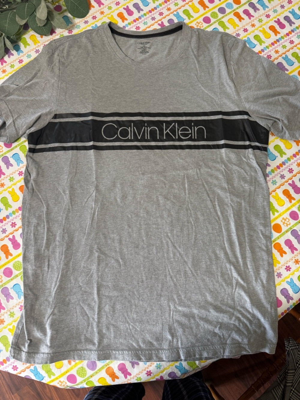 Calvin Klein Gray Tee with Black Logo Stripe
